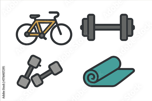 Fitness icon set vector illustration. Gym workout equipment collection with bicycle, barbell, dumbbells, yoga mat. Sport training healthy lifestyle concept symbols. Flat design graphics.