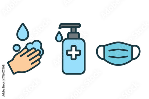 Hygiene and safety icon set including hand washing, sanitizer, and face mask. Vector symbols for health protection, virus prevention, medical care, and disinfection concepts.