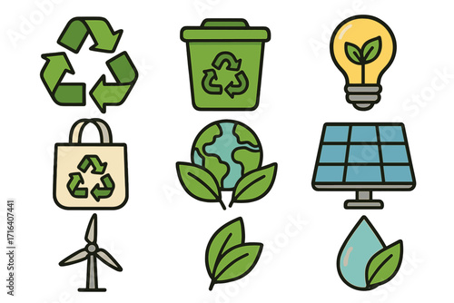 Sustainability icon set with green recycling symbols, eco-friendly renewable energy vector illustrations, earth with leaves, solar panel, wind turbine, reusable bag, clean energy concepts
