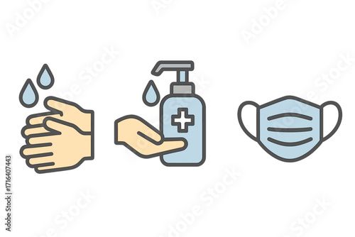 Hygiene icons. Safety signs. Hand washing. Hand sanitizer. Face mask. Virus prevention. Protection against flu, germs, coronavirus, covid. Disinfection. Vector icon set.