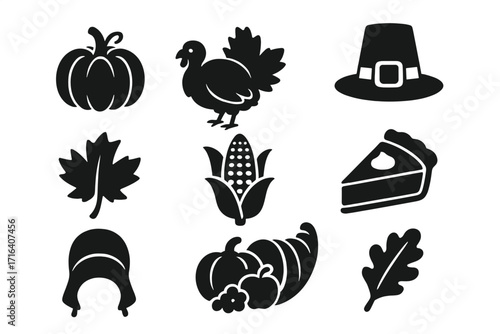 Thanksgiving icons festive silhouette symbols celebrating autumn harvest traditions with pumpkin, turkey, pie, corn, pilgrim hat, fall leaves, and harvest horn cornucopia vector illustration