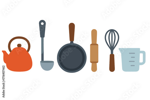 Kitchen tools set vector illustration. Flat cartoon icons of teapot, ladle, frying pan, rolling pin, whisk, measuring cup. Culinary kitchenware for cooking and baking.