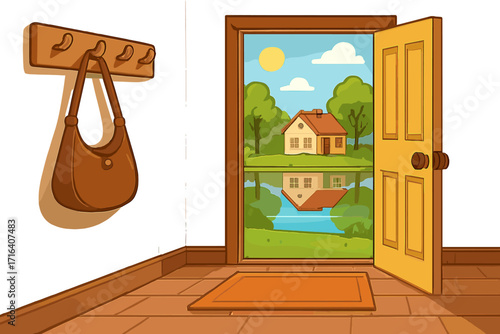 Interior hallway with open door showing sunny summer landscape, country house reflected in lake, green trees outside, coat rack with leather lady bag, flat style illustration