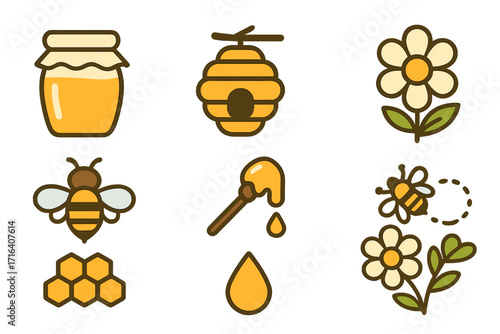 Honey and bee icon set in flat cartoon style. Vector collection of beekeeping elements: honeycomb, hive, flower, honey dipper, jar. Natural sweet food symbol for logo.