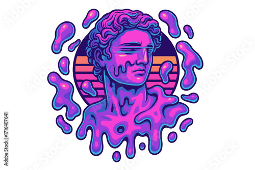 Vaporwave retrowave style print for t-shirt or apparel with distorted Renaissance Greek sculpture bust, fluid slime blobs, neon colors, postmodern aesthetics, retro sunset background