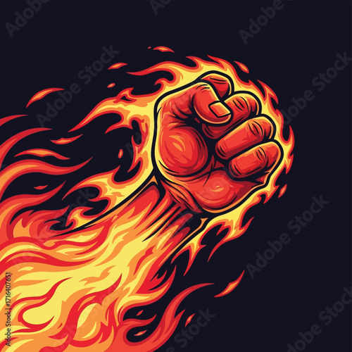 Fiery fist illustration: power, strength, and determination in a flaming hand design concept art