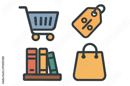 Set of shopping icons in flat style. Vector collection with shopping cart, discount tag, books and gift bag. Commerce, retail sale, and bookstore concept illustration.