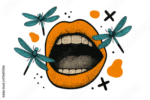 Vintage artistic collage with open female mouth and dragonflies, halftone photocopy lips, bold orange and teal colors, trendy neo-brutalism vector aesthetics, creative Y2K style pop art design