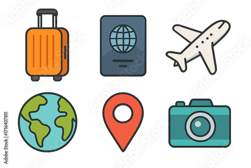 Flat travel icons for journey and vacation. Luggage, passport, airplane, globe, location pin, and camera. Tourism, trip, and holiday adventure concept. Vector illustration set.