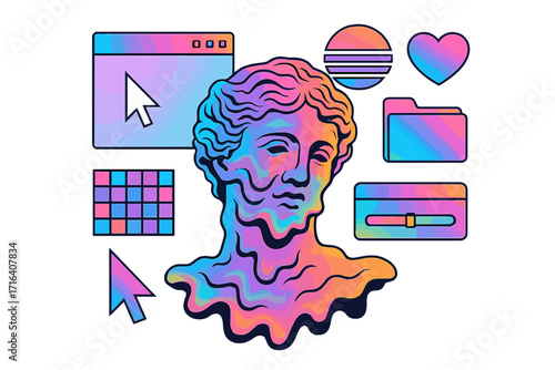 Wavy distorted art illustration with retro 80s UI elements, melting antique statue face, vaporwave and retrowave style collage, holographic gradient background, trendy digital fusion