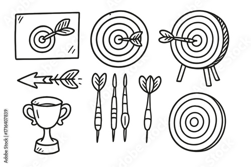 Hand drawn darts elements. Doodle target, goal, aim, and bullseye vector icon collection. Business success and marketing strategy metaphor. Cartoon sketch trophy illustration set.