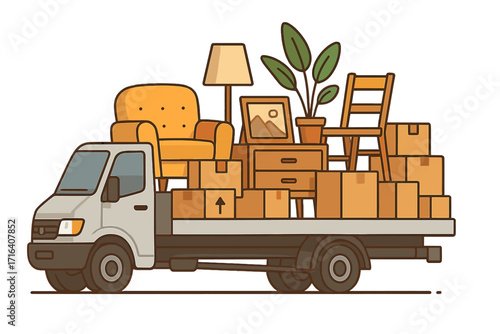 Moving to new house concept with truck full of assorted furniture, cardboard boxes, armchair, lamp, plant, chair and cabinet. Relocation, home moving, packing, moving service, house shifting banner