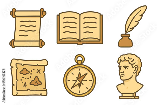 Historical icons set for education, literature and geography. Ancient scroll, open book, quill pen, old map, compass, and classic bust. Vector cartoon flat design elements.