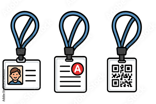 Lanyard with ID card vector icon set. Office employee badge with photo, student pass with grade A, and qr code access card for event or corporate security. Cartoon style.