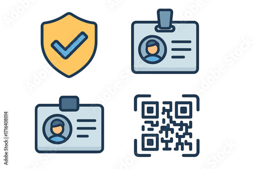 Modern flat icon collection for identity verification and secure access. Features ID badge, QR code for scanning, and a protection shield for personal data authentication.