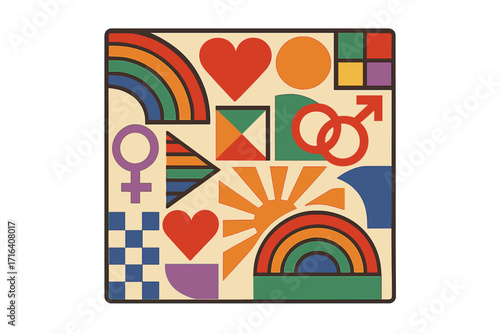 Retro Pride LGBTQ+ abstract geometric composition. Vintage 70s style collage with rainbow, heart, and gender symbols. Love, equality, and community concept background.