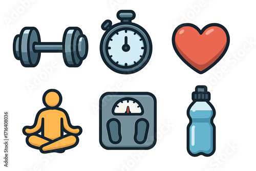 Fitness icon set vector illustration. Health, sport, and wellness symbols. Dumbbell, stopwatch, heart, yoga, scale, water bottle. For gym, workout, and healthy lifestyle.