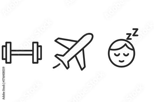 Minimalist activity icons for fitness, travel, sleep. Vector line art symbol set for healthy lifestyle. Gym workout, vacation flight, good rest. Simple flat design pictograms.