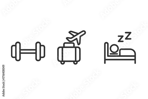 Minimalist activity icons for fitness, travel, and sleep. Line art vector illustration set for daily routine, health, and lifestyle concepts. Dumbbell, luggage, and bed symbols.