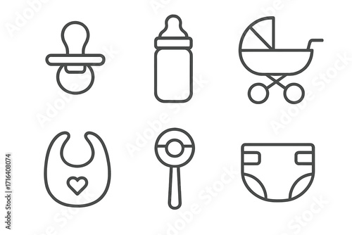 Baby essentials minimalist line icon set. Newborn childcare concept. Vector pack with pacifier, bottle, stroller, bib, rattle, diaper. Simple outline symbols for baby shower.