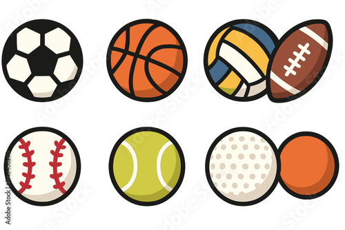 Sports balls vector icon set collection. Soccer, basketball, American football, baseball, tennis, volleyball, golf, and table tennis. Cartoon flat design graphic element illustration.