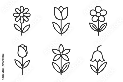 Minimalist floral icons set. Simple line art flowers like rose, tulip, daisy. Vector botanical outline symbols. Natural plant and blossom drawings for clean design elements.