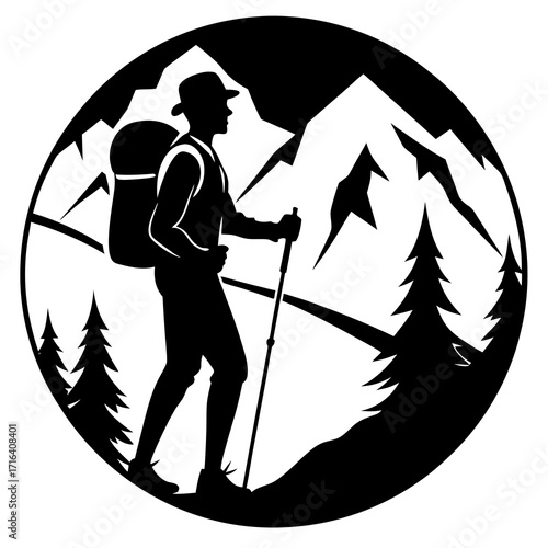 Hiker silhouette against mountain landscape in circle