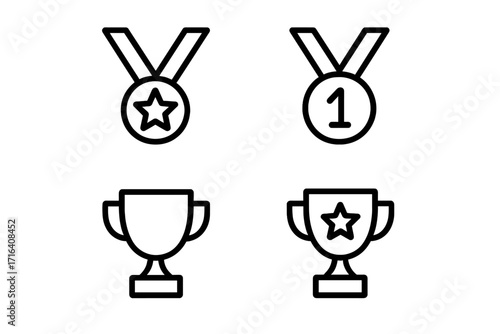 Minimalist medal and trophy icon set for achievement and awards. Vector line art illustration of first place prize, winner cup, and champion symbol. Success and victory concept.