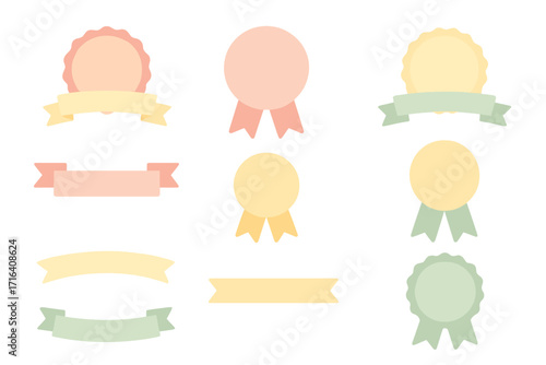 Pastel ribbons and badges collection. Minimalist flat vector graphic elements. Blank award seal, prize banner, and label tag set for design. Cute cartoon illustration.