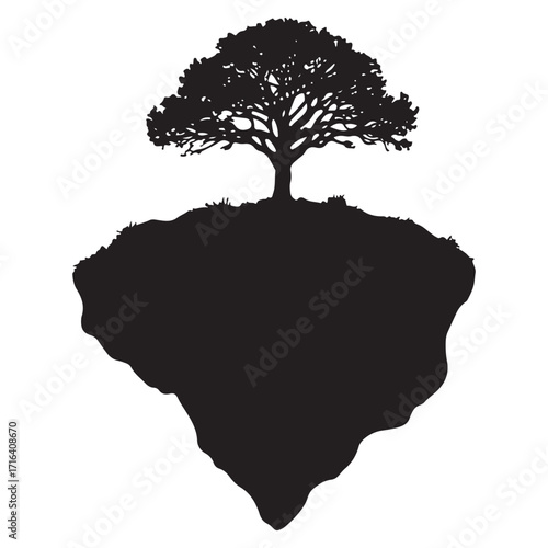 Silhouette of a majestic tree with sprawling branches rooted in a floating island against a white background