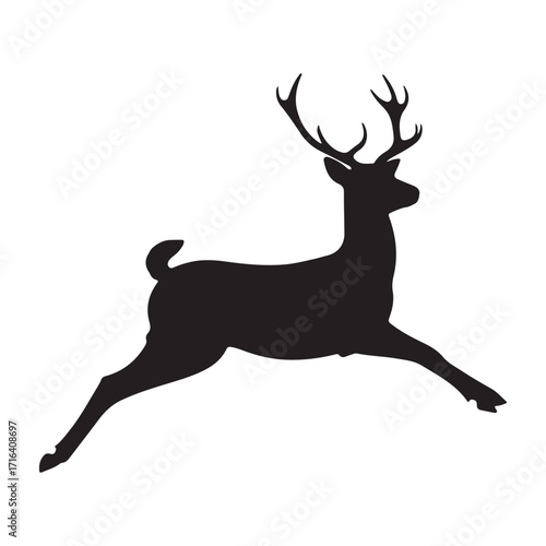 Silhouette of a majestic stag with large antlers leaping gracefully across a white background