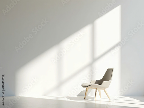 Minimalist composition of a single modern chair placed near a blank wall, strong sunlight casting sharp geometric shadows, high-contrast abstract style, ultra-realistic 4K.