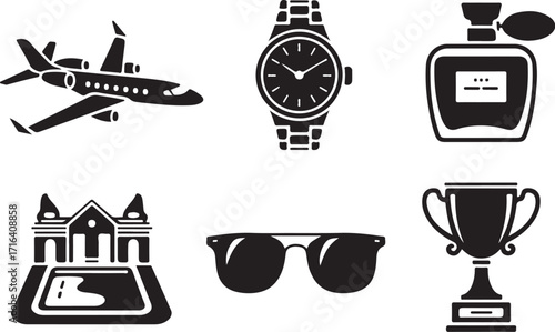 Luxury lifestyle symbols private jet watch mansion trophy sunglasses