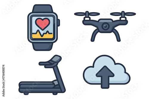 Set of modern technology and fitness icons. Smartwatch health tracker, treadmill for cardio exercise, drone quadcopter, and cloud data upload. Vector cartoon gadgets.