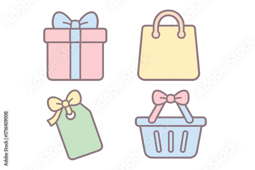 Shopping icons set vector cartoon. Pastel color gift box, bag, basket, price tag. Present with bow. Ecommerce concept for birthday, holiday, christmas or anniversary sale.