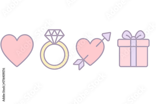 Love icons set for Valentine's Day. Pastel romance symbols. Heart, engagement diamond ring, cupid arrow, gift box. Wedding, marriage, proposal vector. Cute cartoon elements.