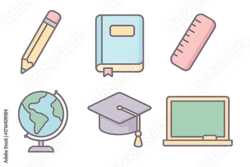 School supplies icon set. Back to school. Education, learning. Cute cartoon vector. Pastel pencil, book, ruler, globe, graduation cap, blackboard. Study, knowledge symbols.