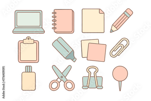 Cute pastel stationery icon set. Minimalist office and school supplies collection. Vector cartoon illustration of laptop, pencil, notebook, and scissors for creative projects.