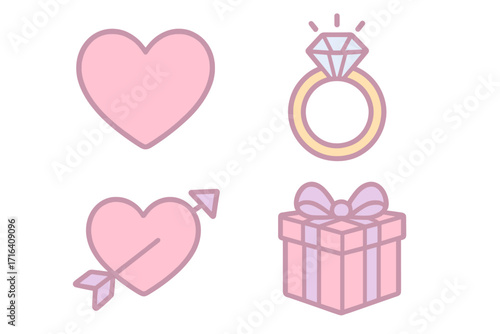 Valentine's Day love icon set. Cute cartoon pastel elements. Heart, diamond ring for engagement or wedding, cupid's arrow, and gift box. Vector graphic for romantic design.