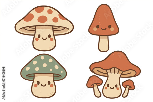 Set of cute cartoon mushroom characters with happy smiling faces. Kawaii woodland fungi in cozy retro colors. Autumn forest vector illustration for kids, sticker design.