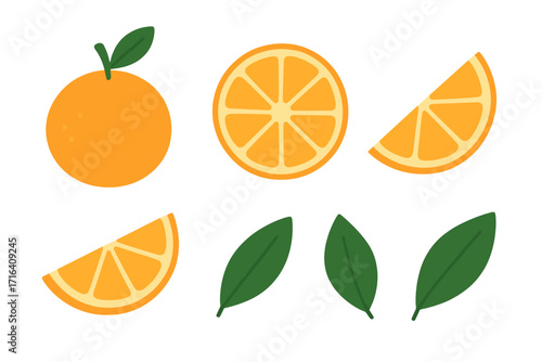 Orange fruit vector icon set. Fresh citrus collection with whole fruit, slices, and leaves. Flat cartoon illustration for healthy food, organic juice, vitamin C concept.