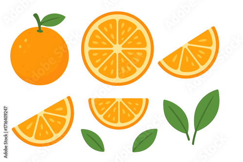 Orange fruit set in flat design. Vector cartoon collection of whole citrus, fresh slices, wedges, and leaves. Healthy food illustration for juice concepts. Isolated clipart.