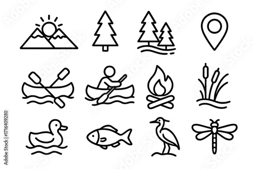 Riverside adventure outline icons set. Nature, canoeing, and wildlife vector symbols. Camping, kayaking, fishing, and hiking graphic elements for outdoor travel design.