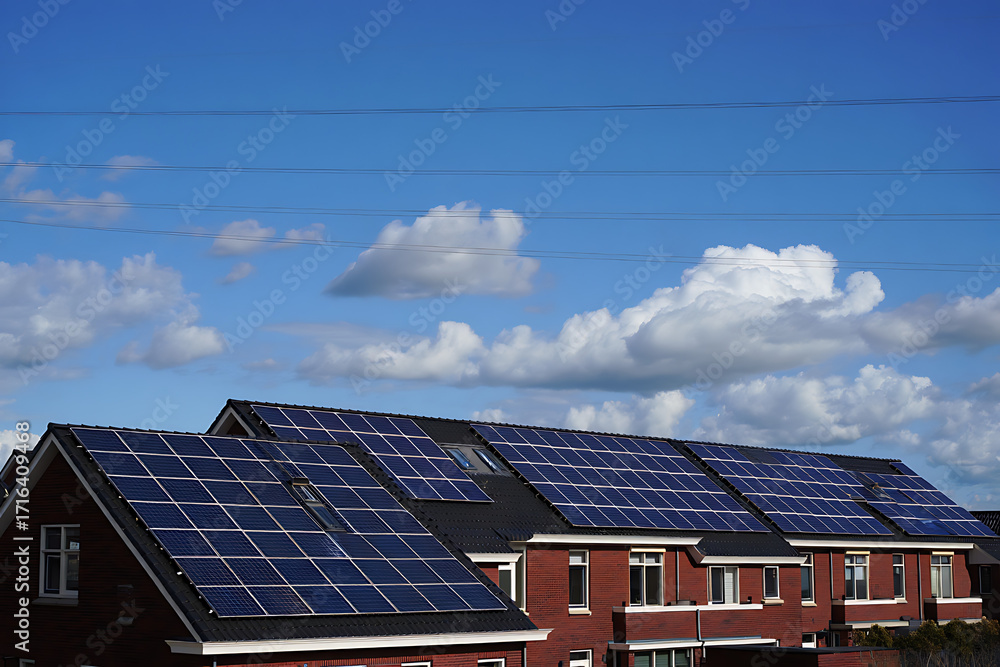 Fototapeta premium Modern brick houses with solar panels installed on the roof under a blue sky with clouds