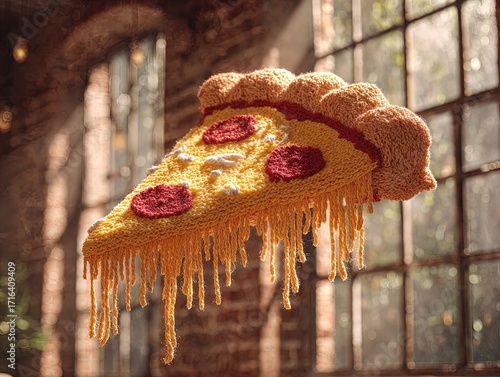 photorealistic knitted pizza slice: a unique yarn art piece with embroidered toppings, perfect as a cozy poster for rustic pizzerias or sports interiors!
