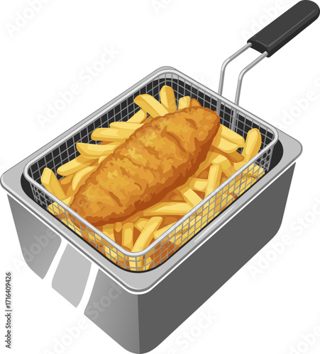 Fish and chips in deep fryer basket with one fried fish fillet and French fries vector icon