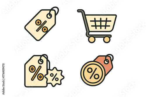 Shopping icons set with price tags, sale labels and cart. Vector graphic for e-commerce, retail promotion and discount offer. Percent symbol for special clearance sales.