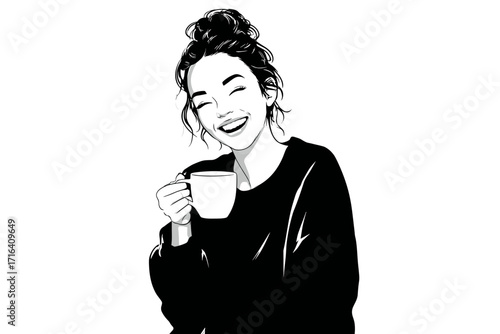 Happy woman with messy bun drinking coffee