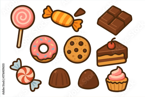 Sweet treats collection in flat cartoon style. Vector illustration set of candy, chocolate, lollipop, donut, cookie, cake, and cupcake. Confectionery and dessert icons.