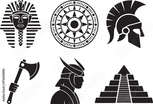Ancient warrior icons pharaoh helmet axe pyramid symbols